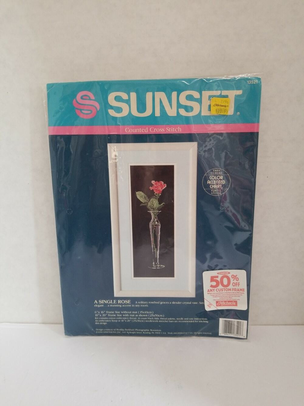 Vtg 1990 Sunset Cross Stitch Kit A SINGLE ROSE # 13521 Finish Size 6"x16" New